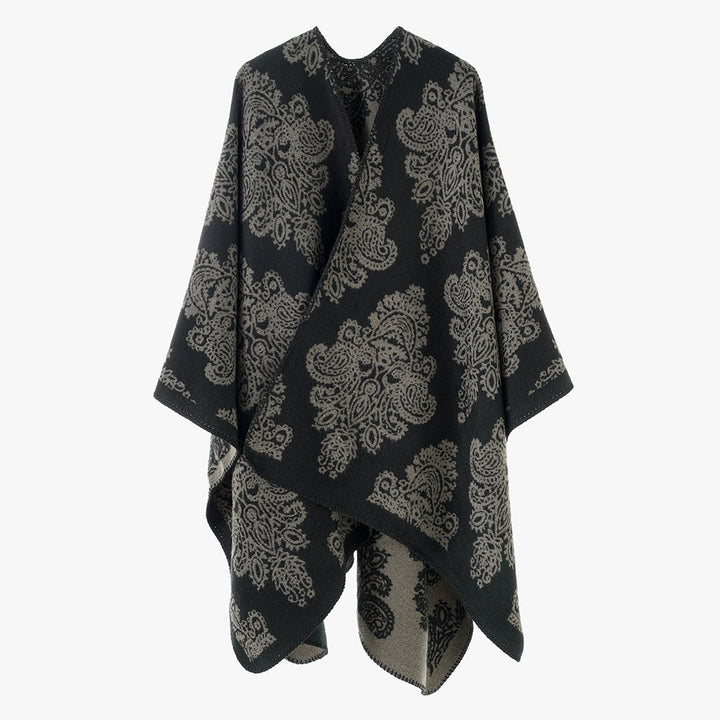 Damen Wollmix-Capeponcho mit beidseitigem Jacquard‑Paisley und kontrastierter Rollkante – Montévia