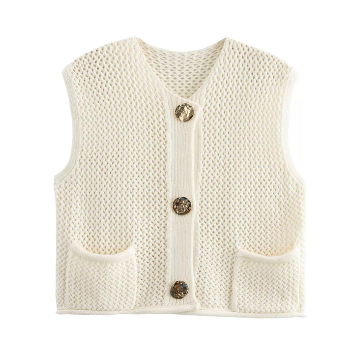 Damen gehäkelte Strickweste mit großen Zierknöpfen und Aufsatztaschen – Veloura