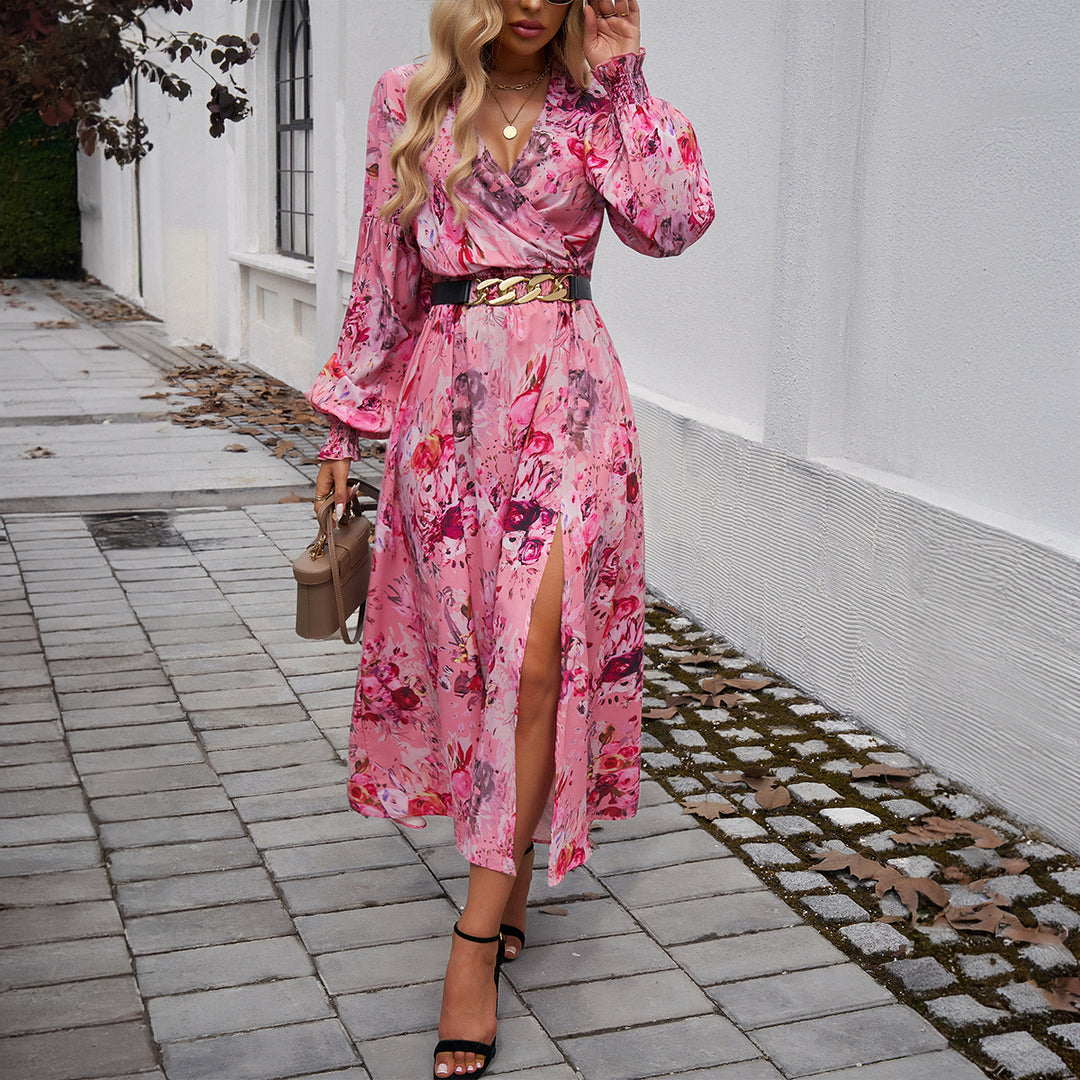 Damen Wickelmidikleid mit V-Ausschnitt, Ballonärmeln und taillierendem Gürtel – Élara