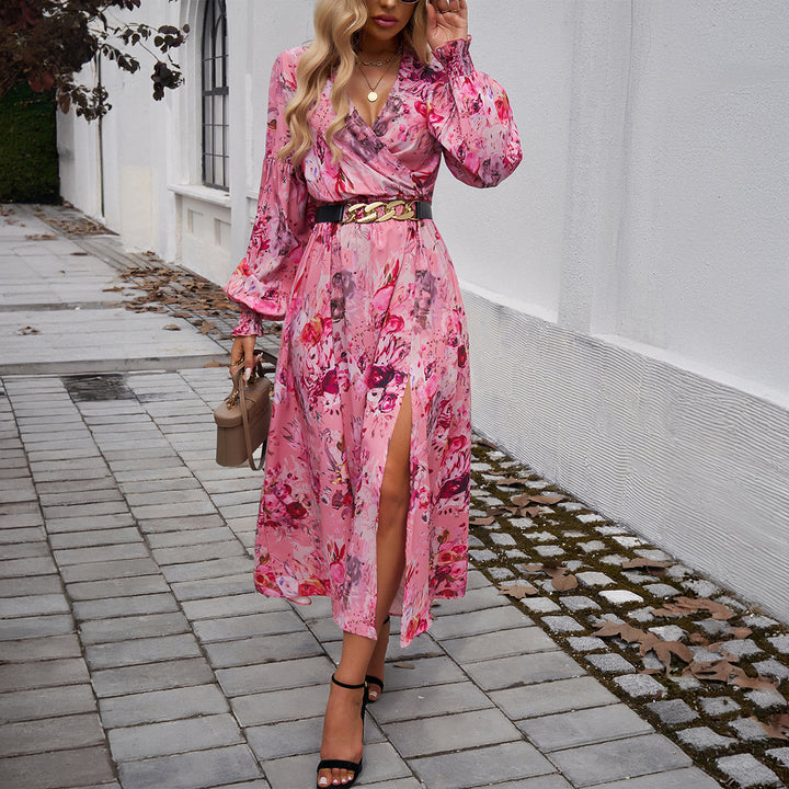 Damen Wickelmidikleid mit V-Ausschnitt, Ballonärmeln und taillierendem Gürtel – Élara