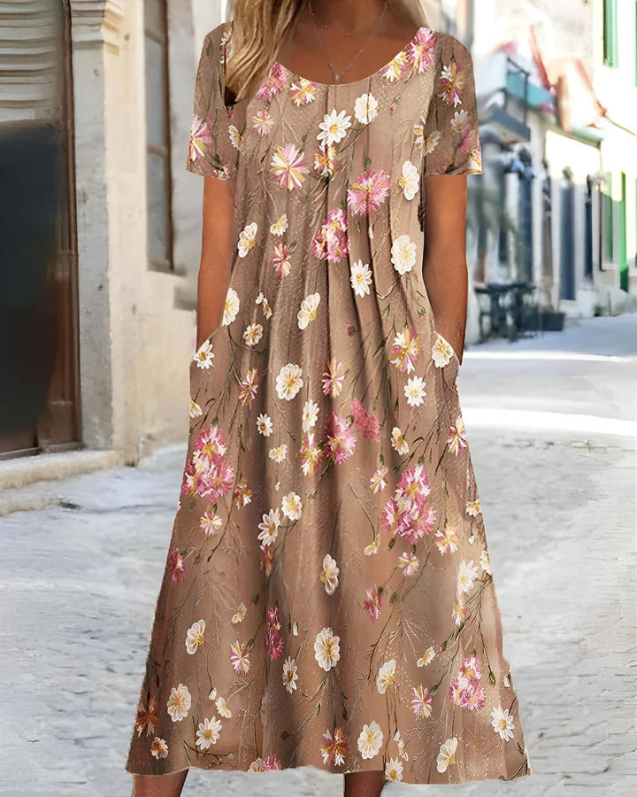 Damen nan Blumenswing-Midikleid mit Rundhalsausschnitt, Eingrifftaschen und strukturierter Crêpe-Qualität Echo Archiv