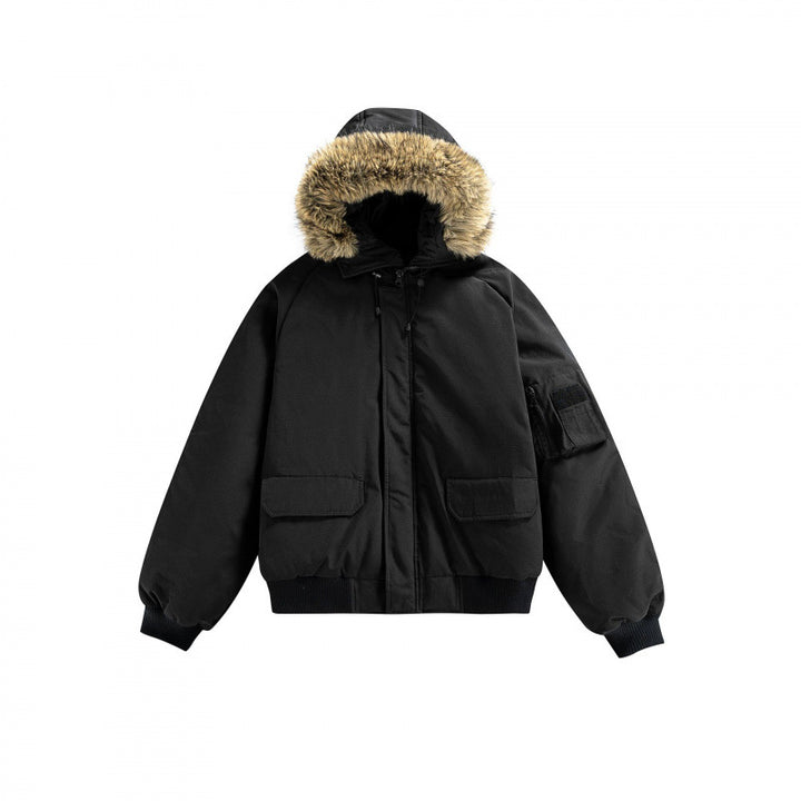Unisex Wattierte Bomberjacke mit Kunstfellkapuze, geripptem Saum und Utility-Taschen Echo Archiv