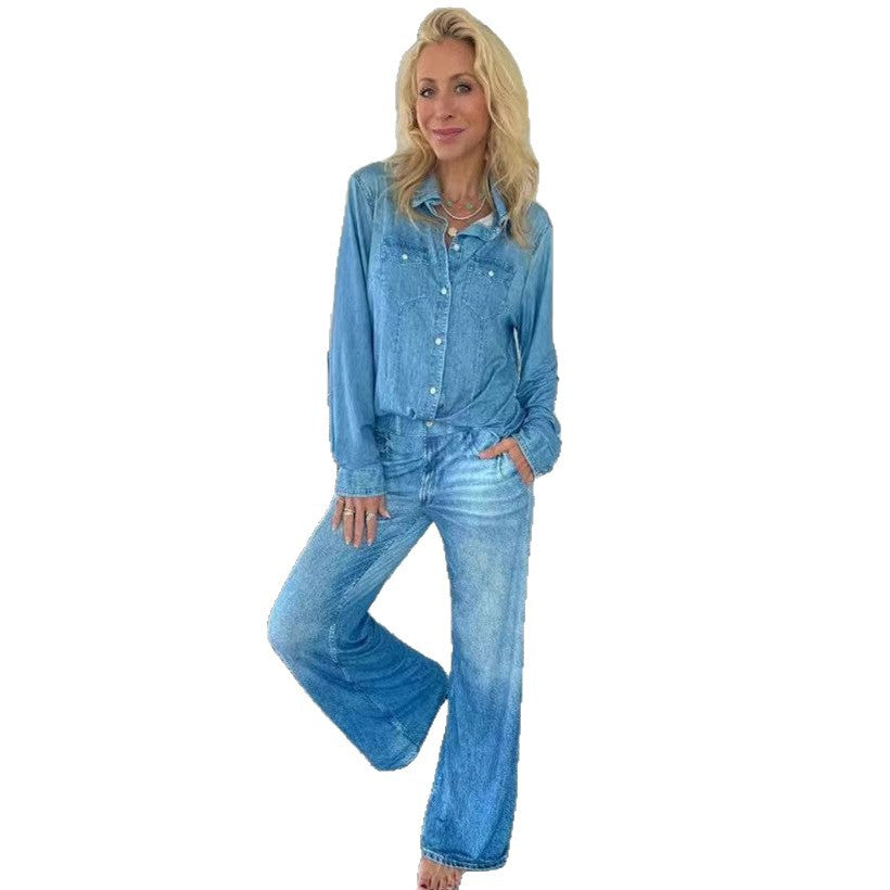 Damen Entspanntes Denim Loungewear-Set mit Übergröße Hemd und Weiten Schlaghosen Echoarchiv