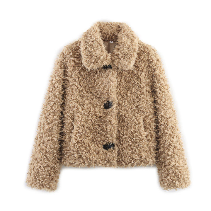 Damen nan kurze Bouclé-Teddyjacke mit lockiger Webstruktur Hemdkragen und Knopfverschluss Echo Archiv