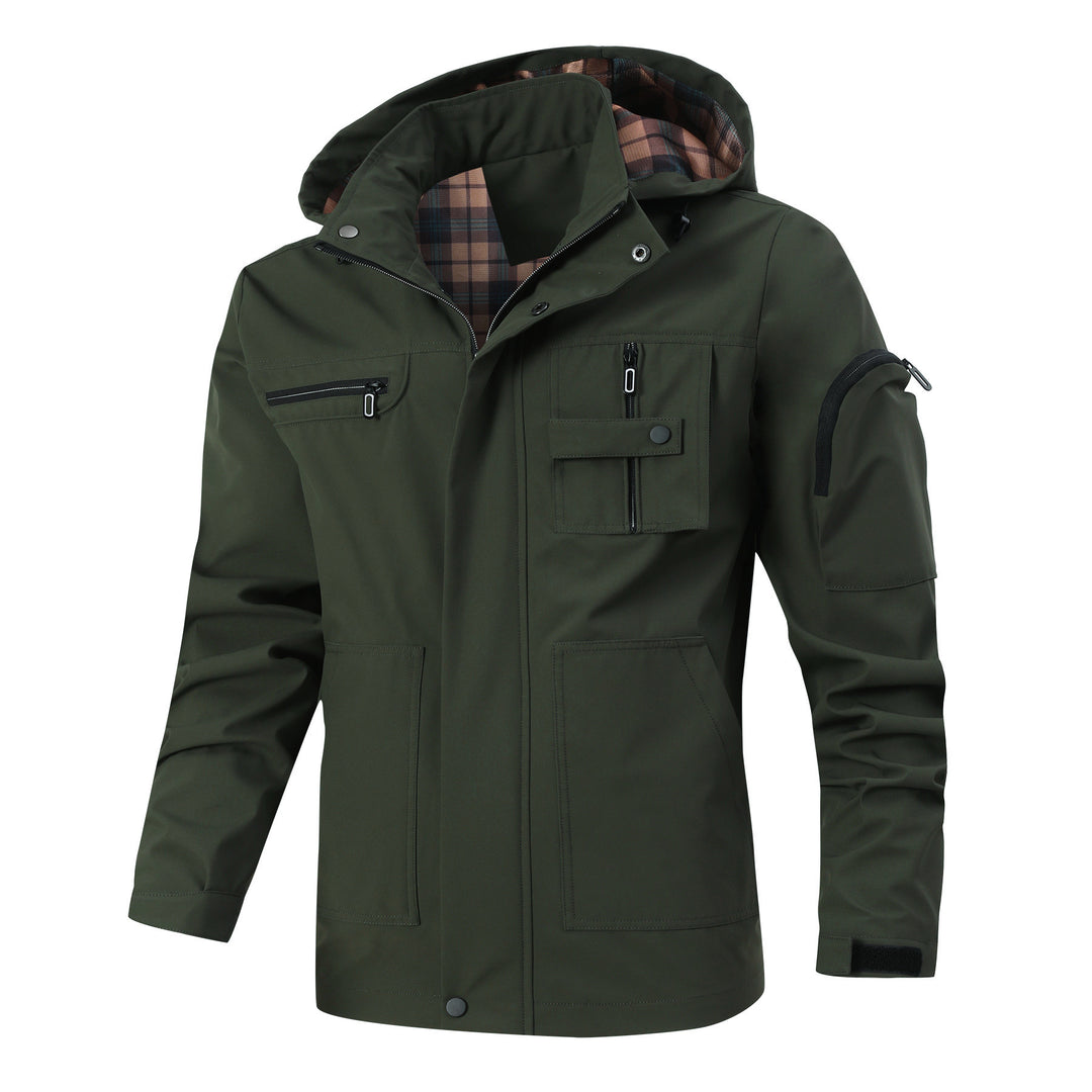Herren Winddichte Softshelljacke mit Kapuze, kariertem Innenfutter und Multifunktionstaschen Echoarchiv