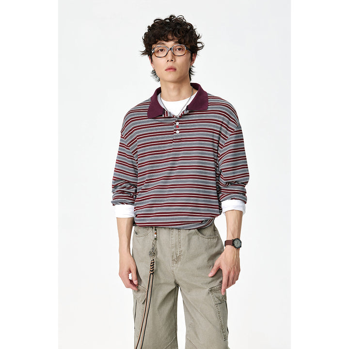 Unisex Klassisches gestreiftes Longsleeve-Poloshirt aus feinem Rippstrick mit Kentkragen und Halbknopfleiste Echoarchiv