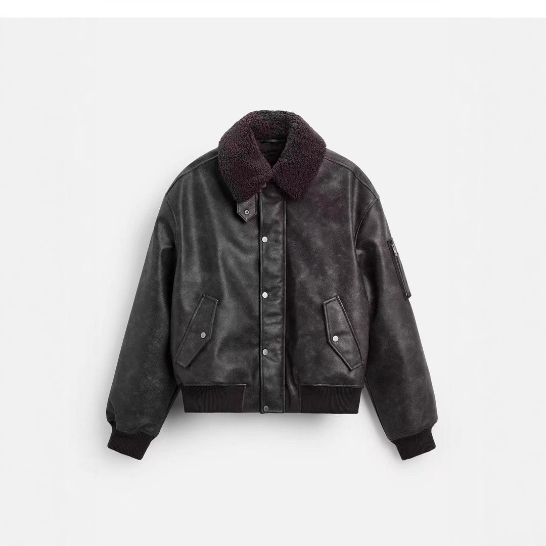 Herren Boxy-Lederblouson mit Sherpa-Kragen und Ärmeltasche Echo Archiv