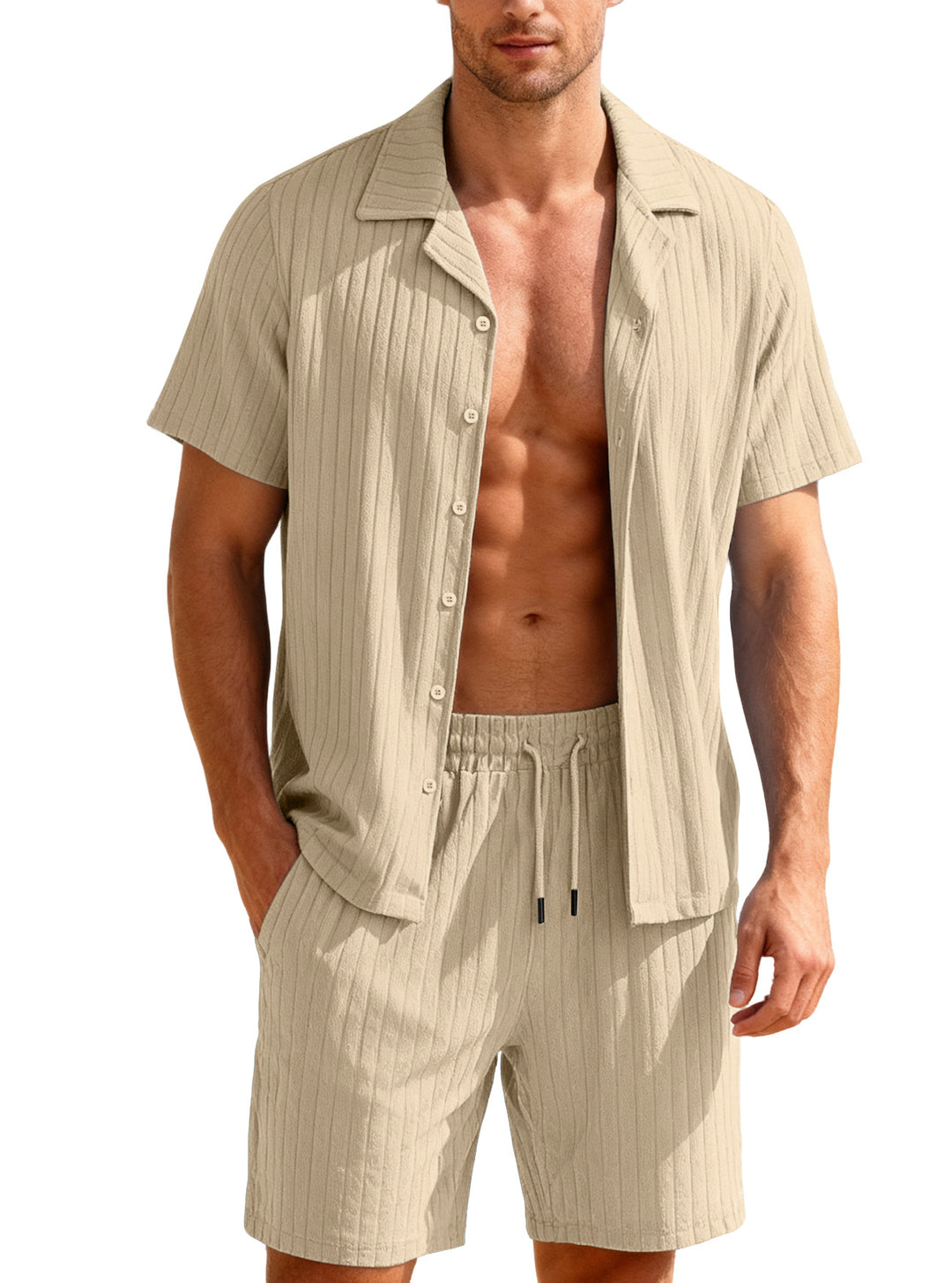 Herren nan geripptes Feinstrick-Lounge-Set mit kurzärmligem Revershemd und Kordelshorts Echo Archiv