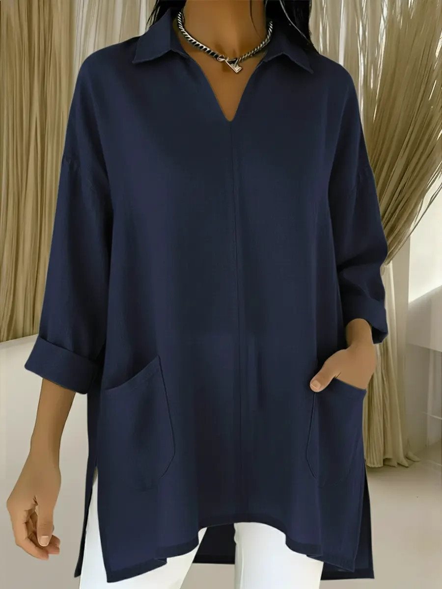 Damen Oversize-Tunika mit Hemdkragen, V-Ausschnitt und aufgesetzten Taschen Echo Archiv