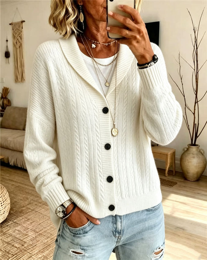 Damen Langer Schalkragen-Cardigan aus Zopfmuster mit gerippten Bündchen – Veloura