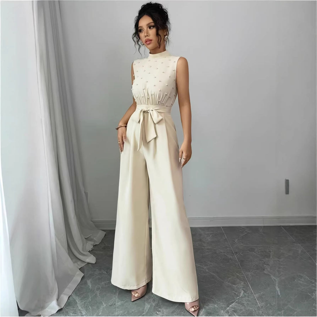 Damen Eleganter Jumpsuit mit Perlenbesatz, Stehkragen und weitem Palazzo-Bein – Solévia