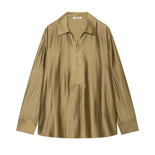 Damen Oversize‑Glanzbluse aus seidenartigem Stoff mit V‑Ausschnitt und verdeckter Knopfleiste Echo Archiv