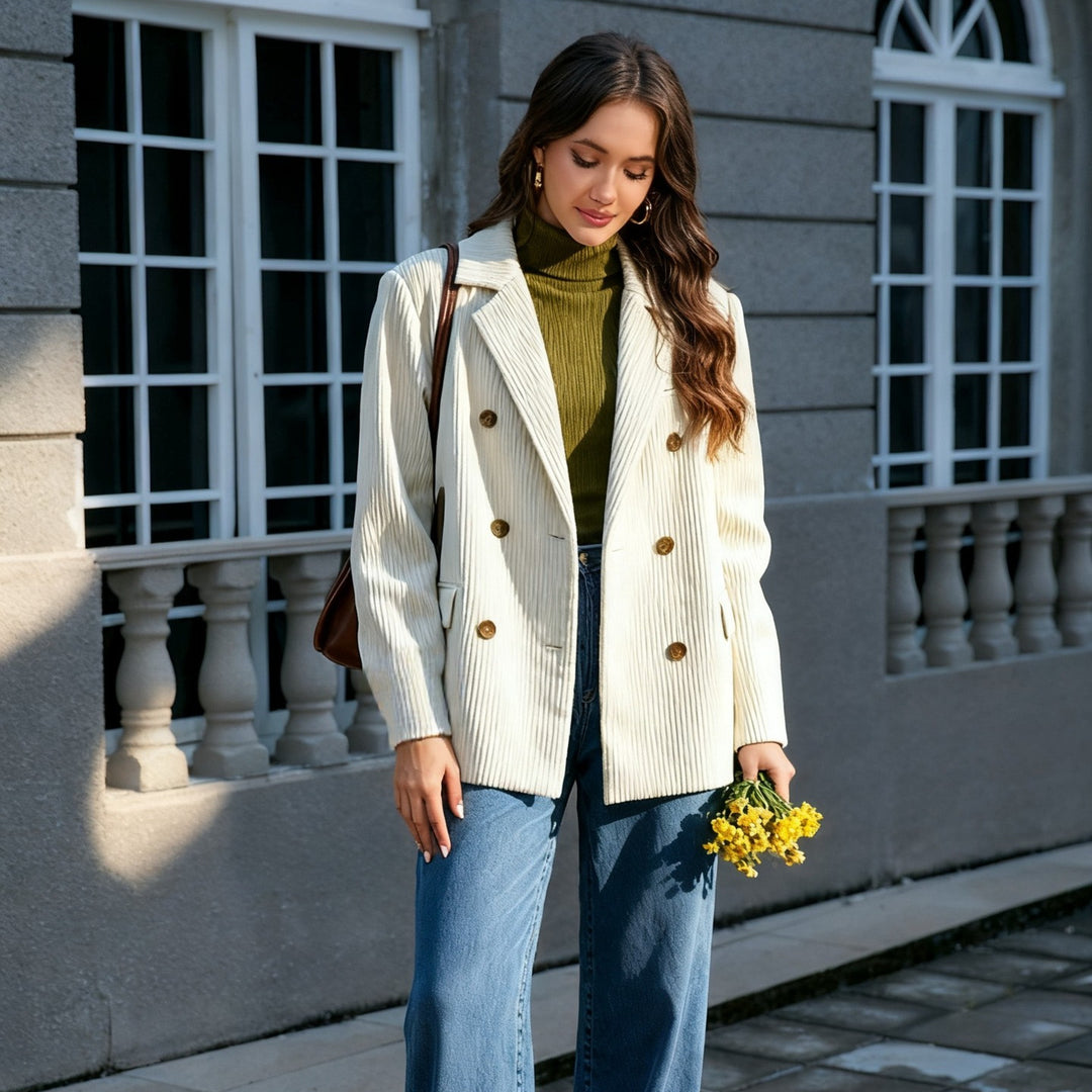 Damen Langer Cord-Blazer im Doppelreiher mit Reverskragen und Pattentaschen Echoarchiv