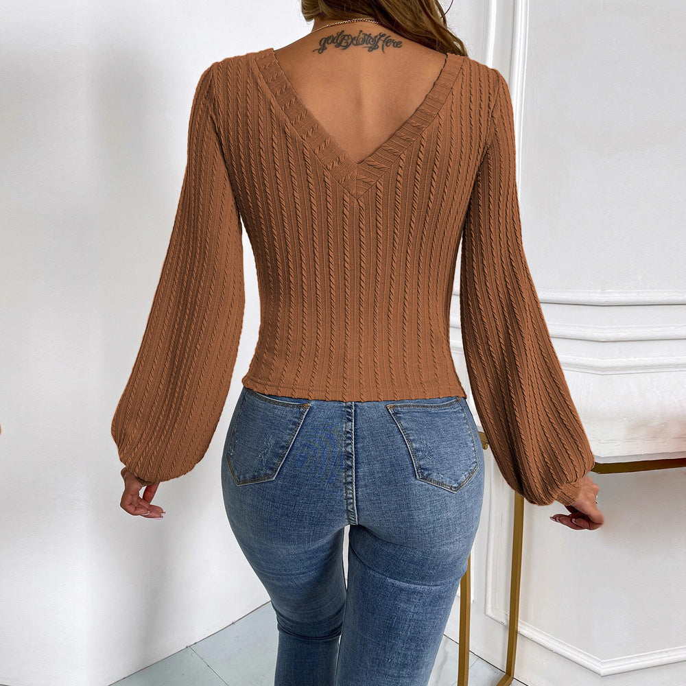 Damen figurbetontes Rippstrick-Bodyshirt mit V-Ausschnitt und Ballonärmeln – Avérine