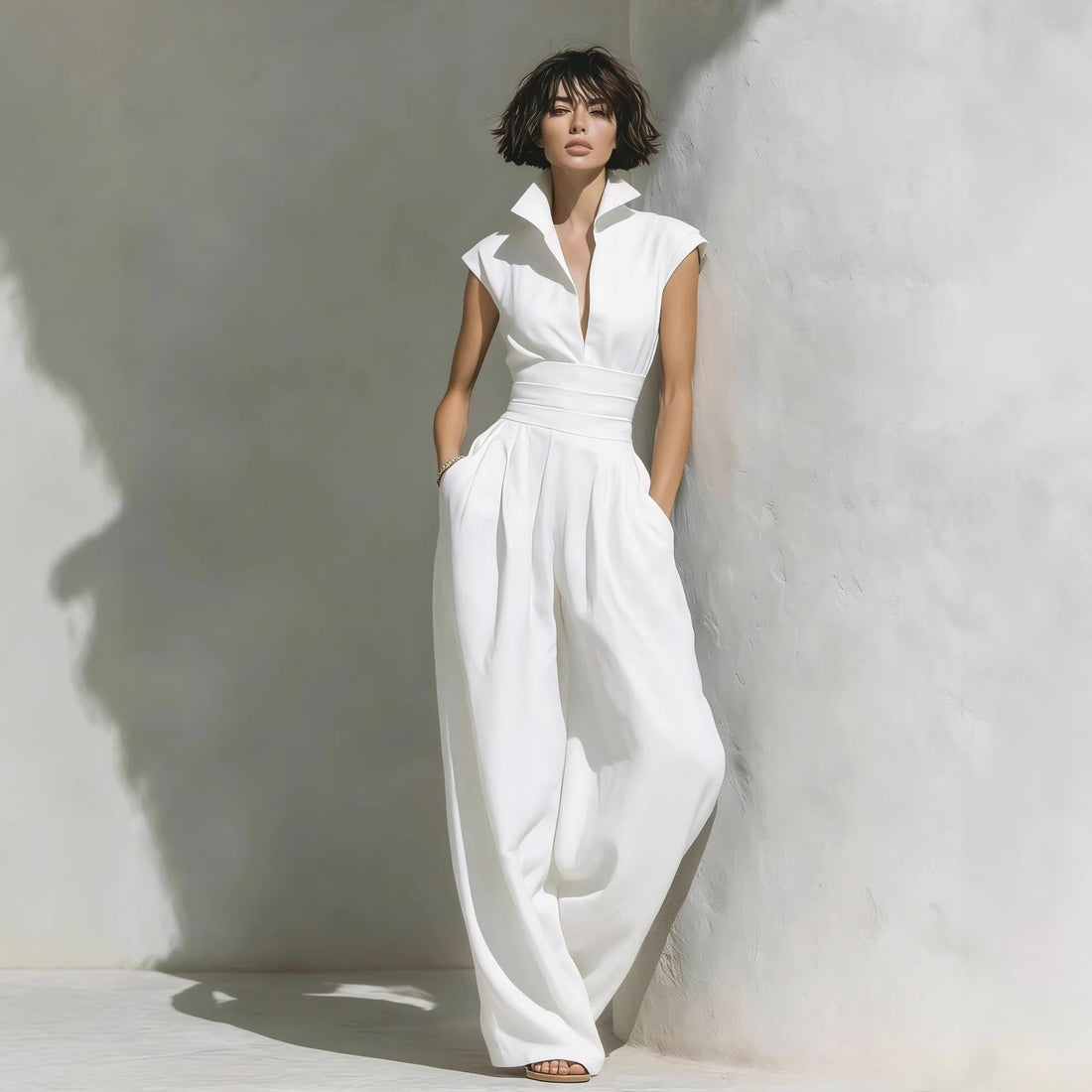Damen Jumpsuit mit weitem Bein, tailliertem Wickelbund und Stehkragen Echoarchiv