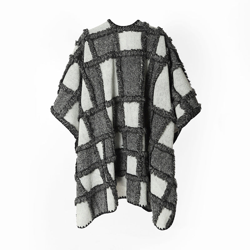 Damen Oversize-Cape aus Wollmix mit strukturierter Karo‑Jacquard‑Optik und offener Front – Avérine