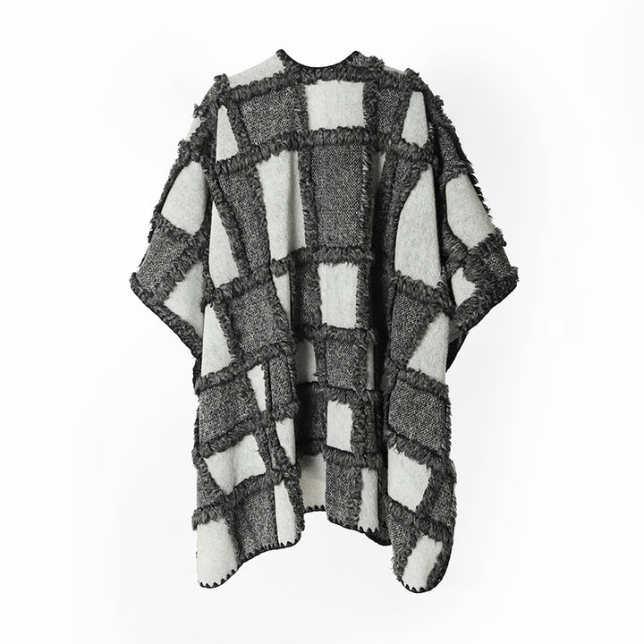 Damen Oversize-Cape aus Wollmix mit strukturierter Karo‑Jacquard‑Optik und offener Front – Avérine
