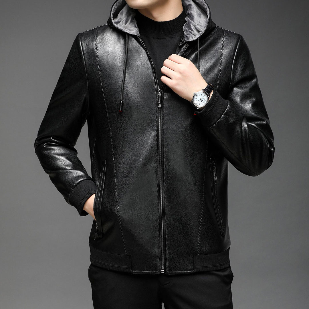 Herren Lederimitat-Hoodiejacke mit Kapuze, Reißverschluss und schmaler Silhouette Echo Archiv