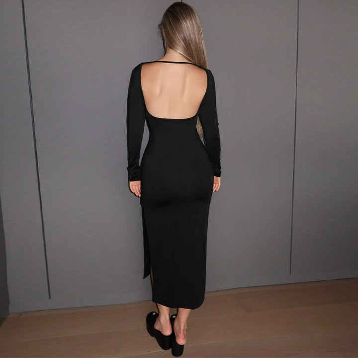 Damen langes figurbetontes Midikleid mit Boatneck, langen Ärmeln und seitlichem Beinschlitz – Élara