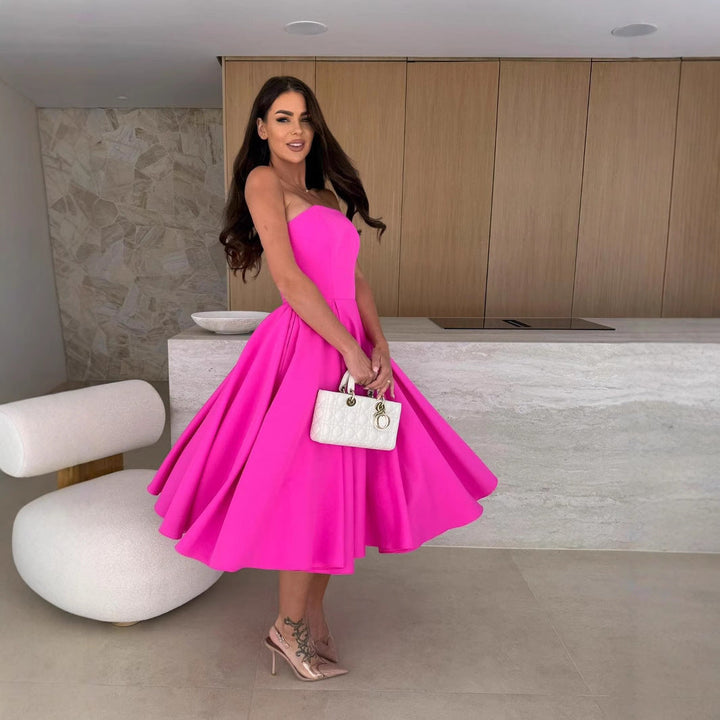 Damen A-linien Cocktailkleid mit trägerlosem Schnitt und schwingendem Rock Echoarchiv