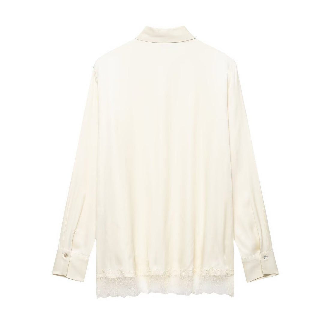Damen Seidenähnliche Bluse mit verdeckter Knopfleiste und Spitzenbesatz Echoarchiv