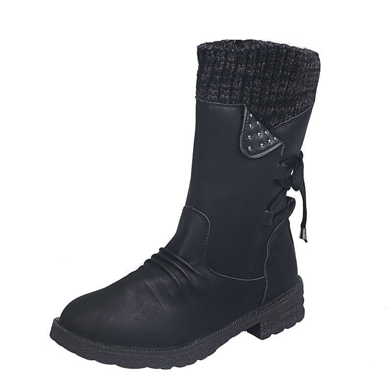 Damen Mid-Cut Stiefel mit Strickmanschette, Zierkordel und Veloursoptik – Lioré
