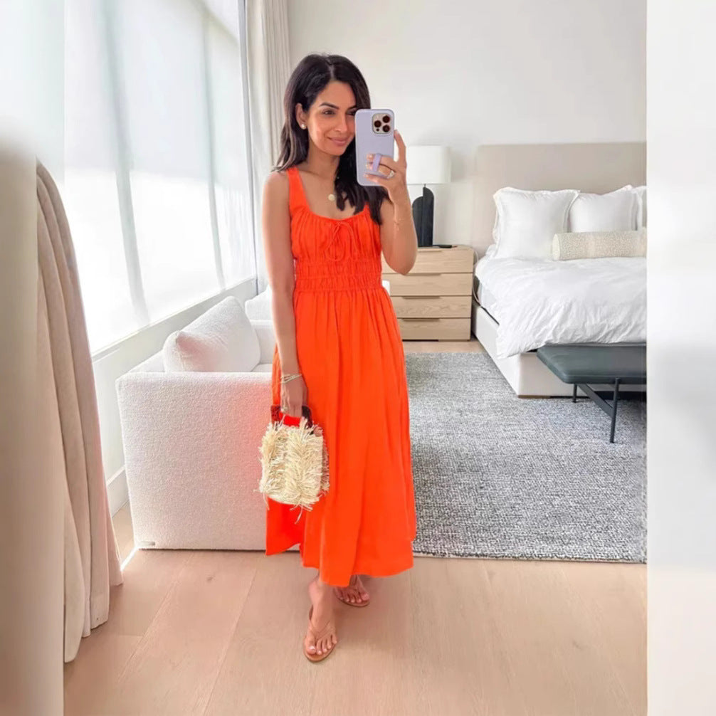 Damen nan midilanges Leinenoptik-Kleid mit Smokoberteil, elastischer Taillenpasse und breiten Trägern Echo Archiv