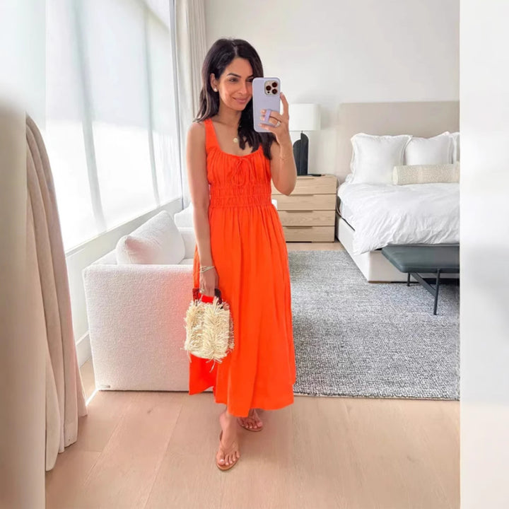 Damen nan midilanges Leinenoptik-Kleid mit Smokoberteil, elastischer Taillenpasse und breiten Trägern Echo Archiv