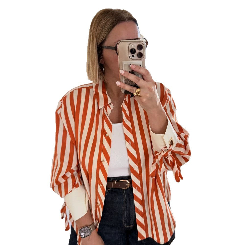 Damen Gestreifte Oversize-Hemdbluse mit Bindebändern an Ärmeln und verdeckter Knopfleiste Echoarchiv