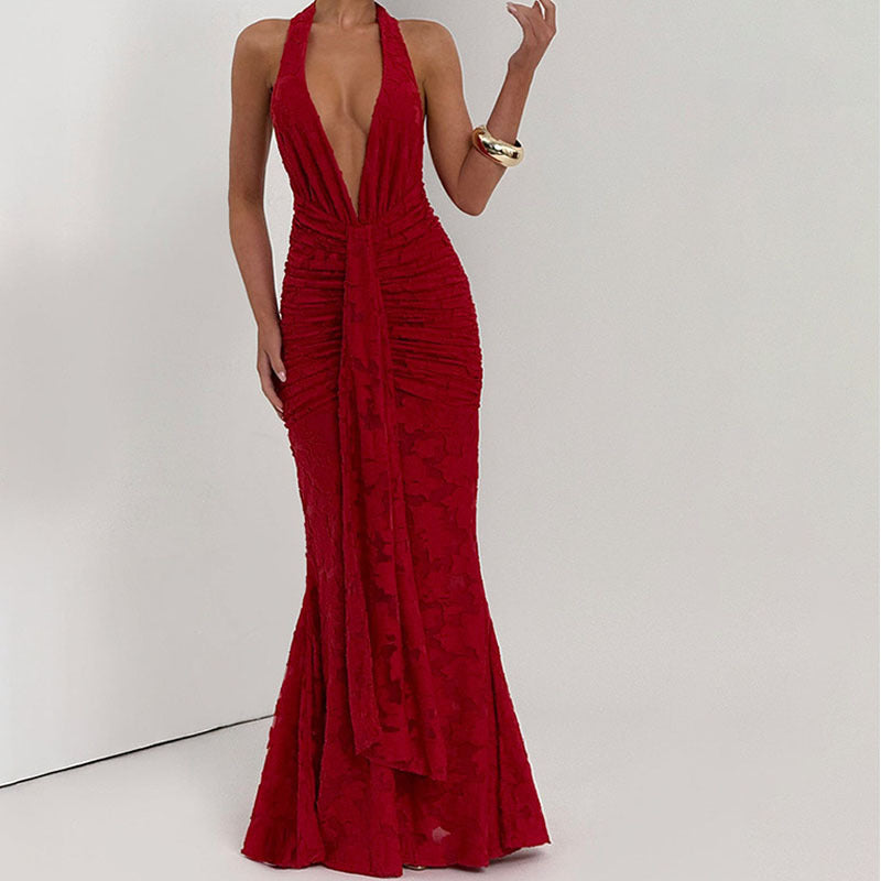 Damen Elegantes, figurbetontes Abendkleid mit tiefem V-Ausschnitt und Rüschendetails Echo Archiv