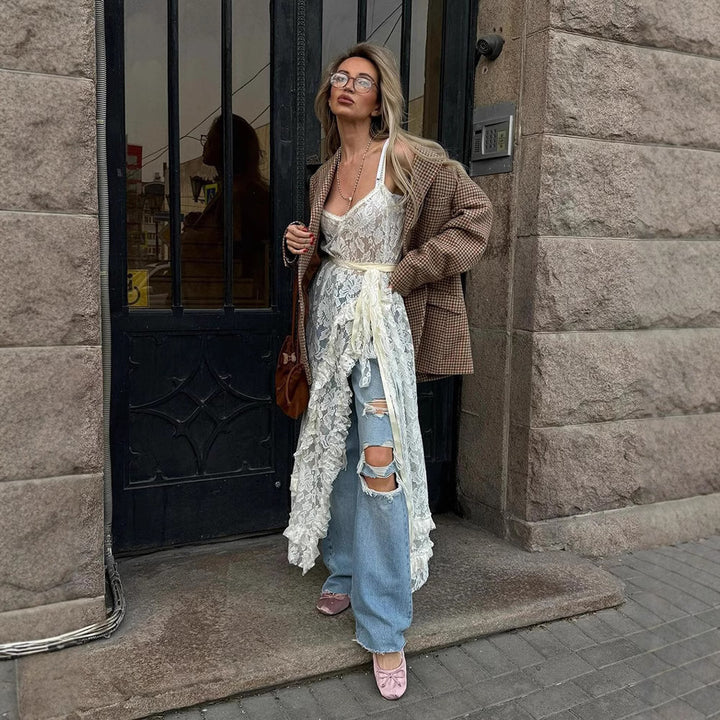 Damen Spitzenkimono mit offener Front und Rüschendetails Echo Archiv