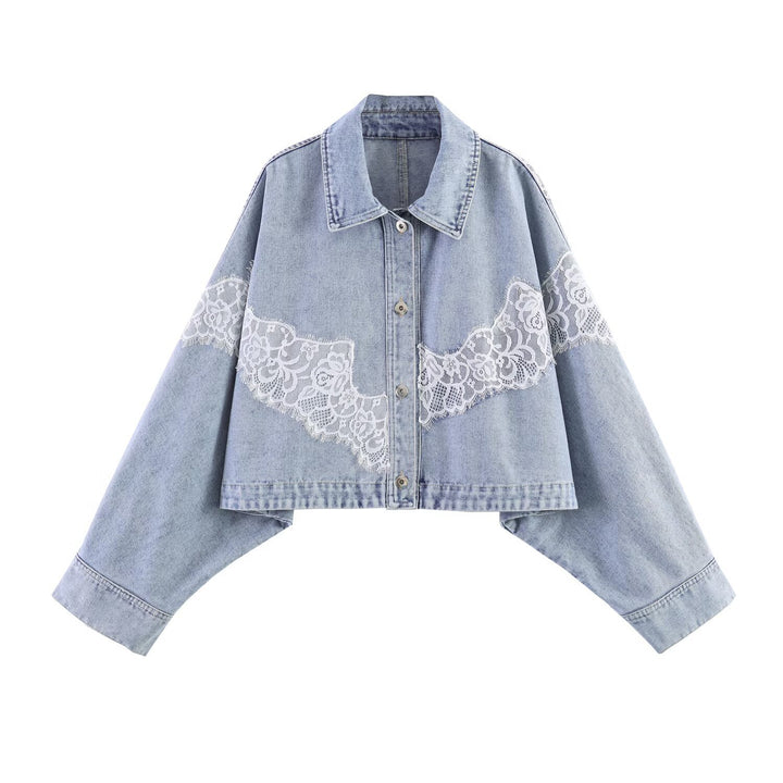 Damen Kurz geschnittene Jeansjacke mit Spitzenapplikation und Oversize-Kimonärmeln Echo Archiv