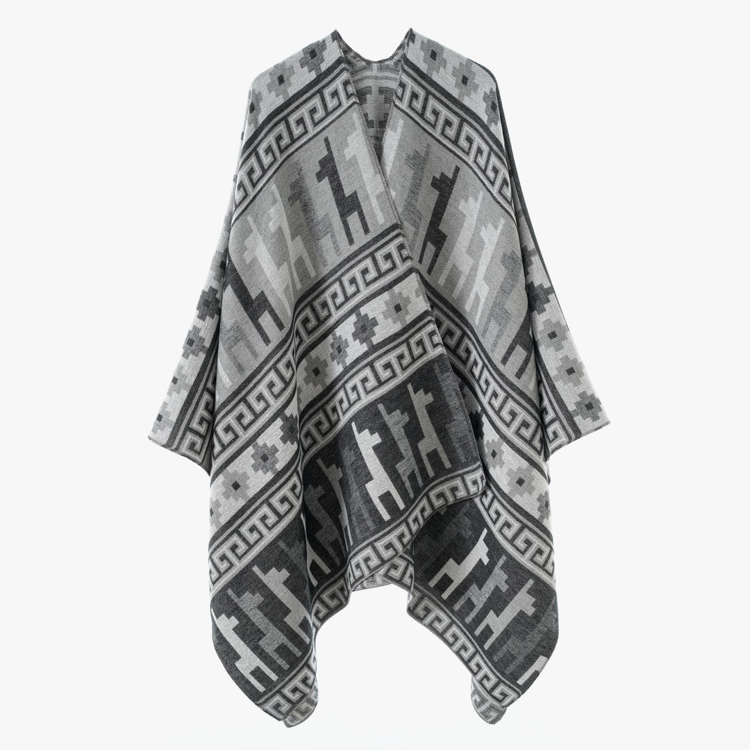 Damen Cape-Überwurf aus Jacquard-Strick mit Tier- und Ethno-Motiv Echo Archiv