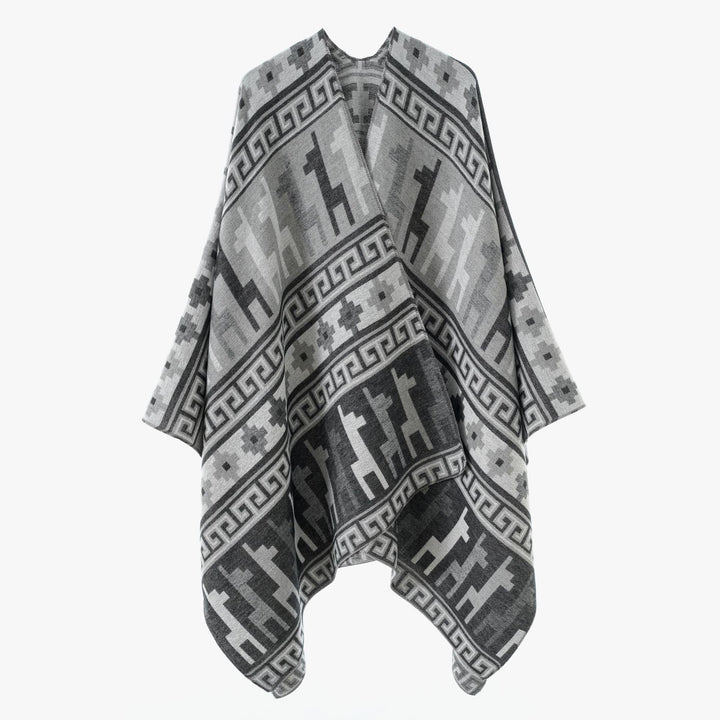 Damen Cape-Überwurf aus Jacquard-Strick mit Tier- und Ethno-Motiv Echo Archiv