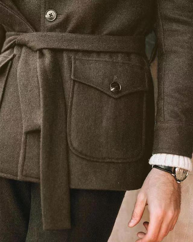 Herren multifunktionale Wool-Jacke mit Gürtel und Taschen Echoarchiv