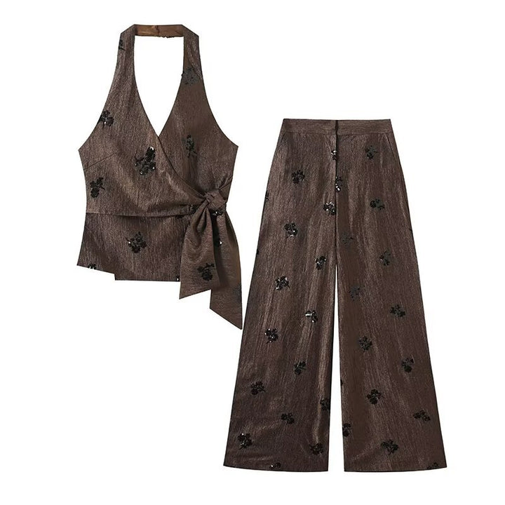 Damen Hochtaillierte Wide‑Leg‑Hose mit Glanzstruktur und Paillettenblüten Echo Archiv