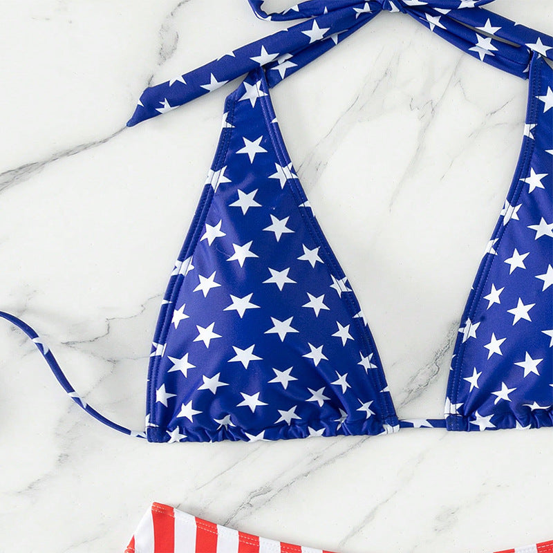 Damen Hochgeschnittener Triangel-Bikini mit patriotischem Druck Echo Archiv