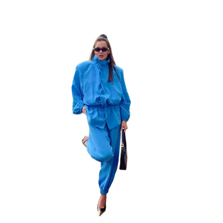 Damen leichtes lässiges Jogging-Set mit Tunnelzug, Stehkragen und elastischem Bund Echoarchiv
