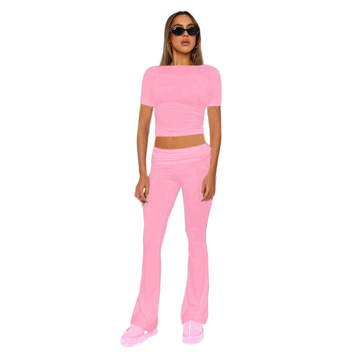 Figurbetonendes Damen-Crop-Set aus Stretch-Jersey mit hoch taillierten, ausgestellt Hosen Echoarchiv