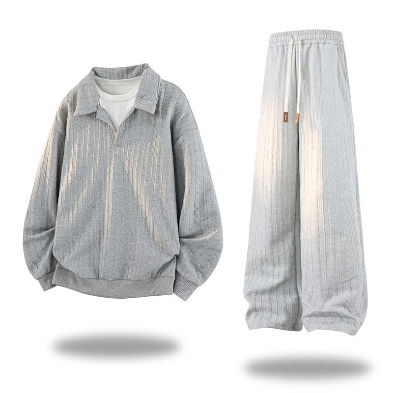 Herren Oversize Strukturiertes Lounge‑Set mit Polokragen, Zopfmuster‑Optik & weitem Bein Echoarchiv