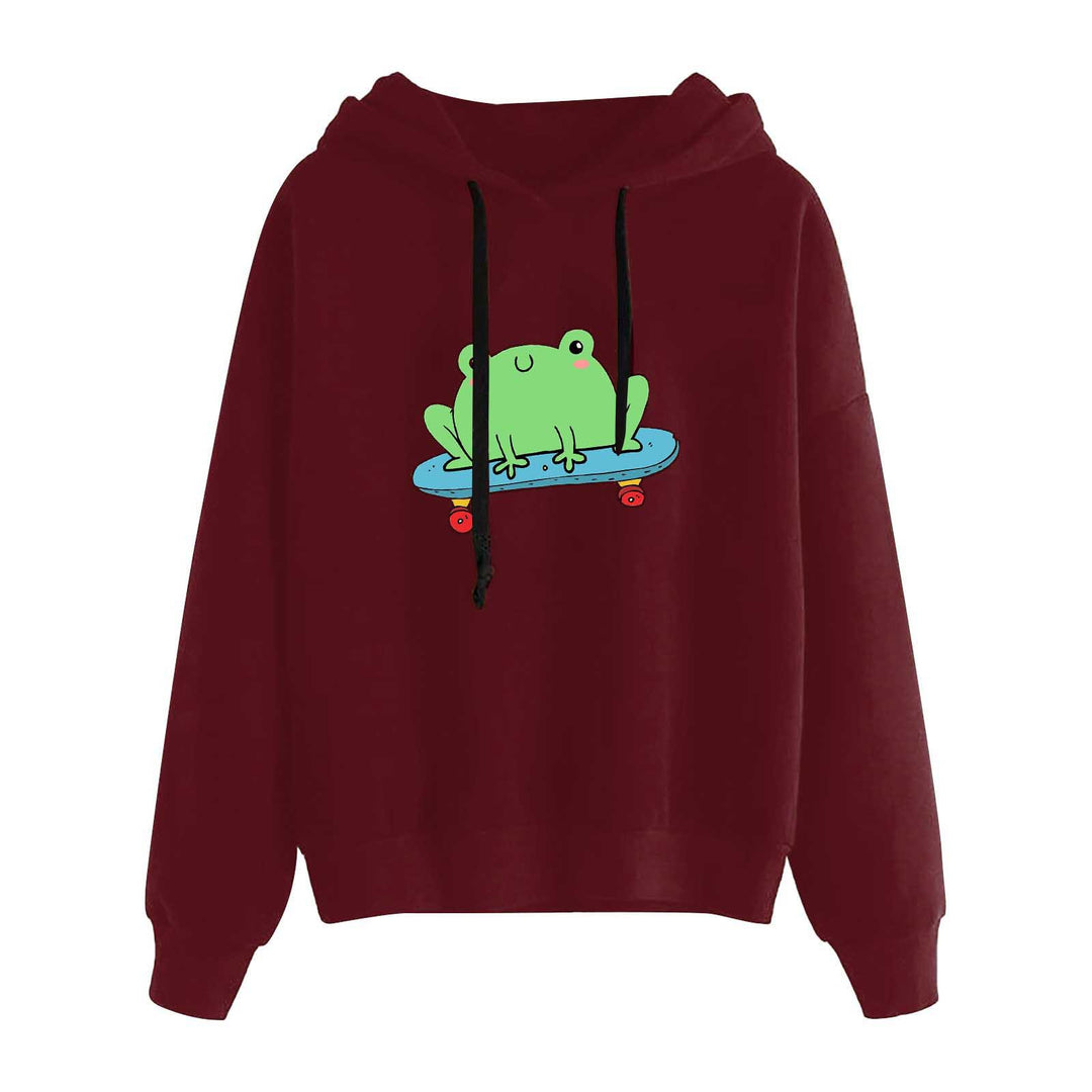 Damen kurz geschnittener Cropped-Kapuzenpullover mit niedlicher Frosch-Illustration und verstellbarer Kapuze – Auréline