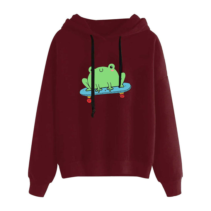Damen kurz geschnittener Cropped-Kapuzenpullover mit niedlicher Frosch-Illustration und verstellbarer Kapuze – Auréline