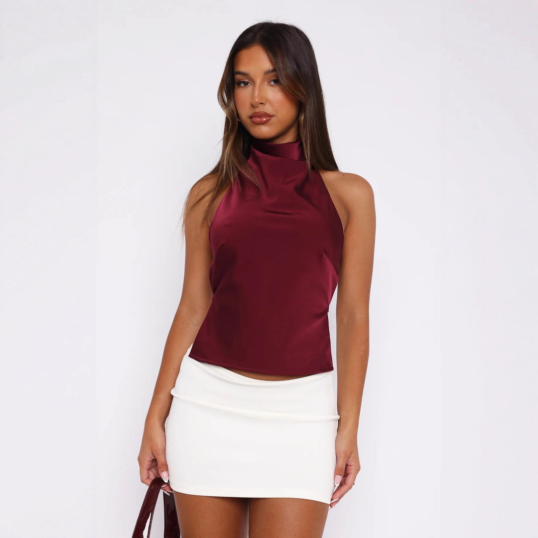 Damen Elegantes Hochgeschlossenes Top aus Satin Echo Archiv