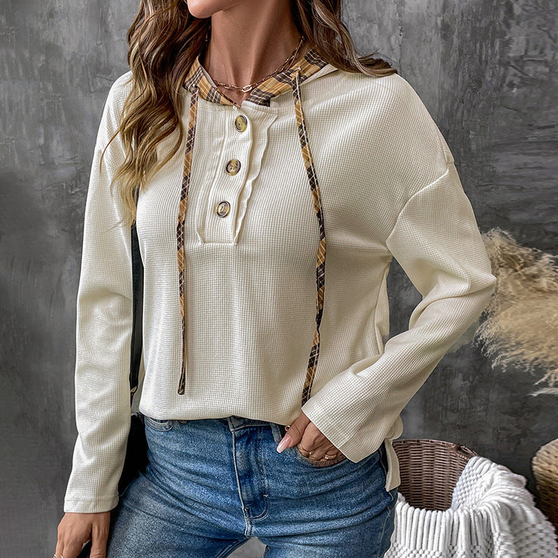 Damen Modisches Langarmshirt mit Kapuze und Karodetails Echo Archiv