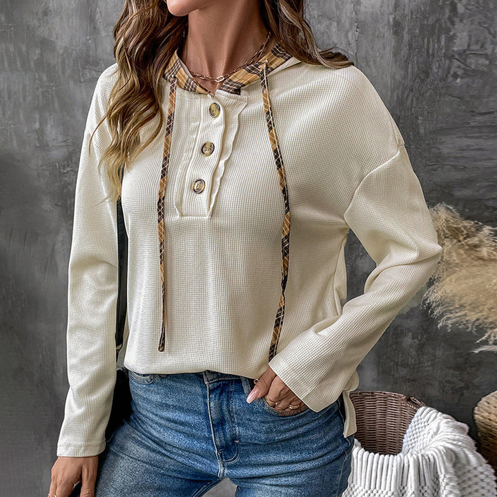 Damen Modisches Langarmshirt mit Kapuze und Karodetails Echo Archiv