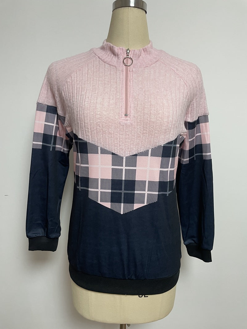 Damen nan weichgriffiger Sweatpullover mit Kurzreißverschluss, Stehkragen und Karopaneel Echo Archiv