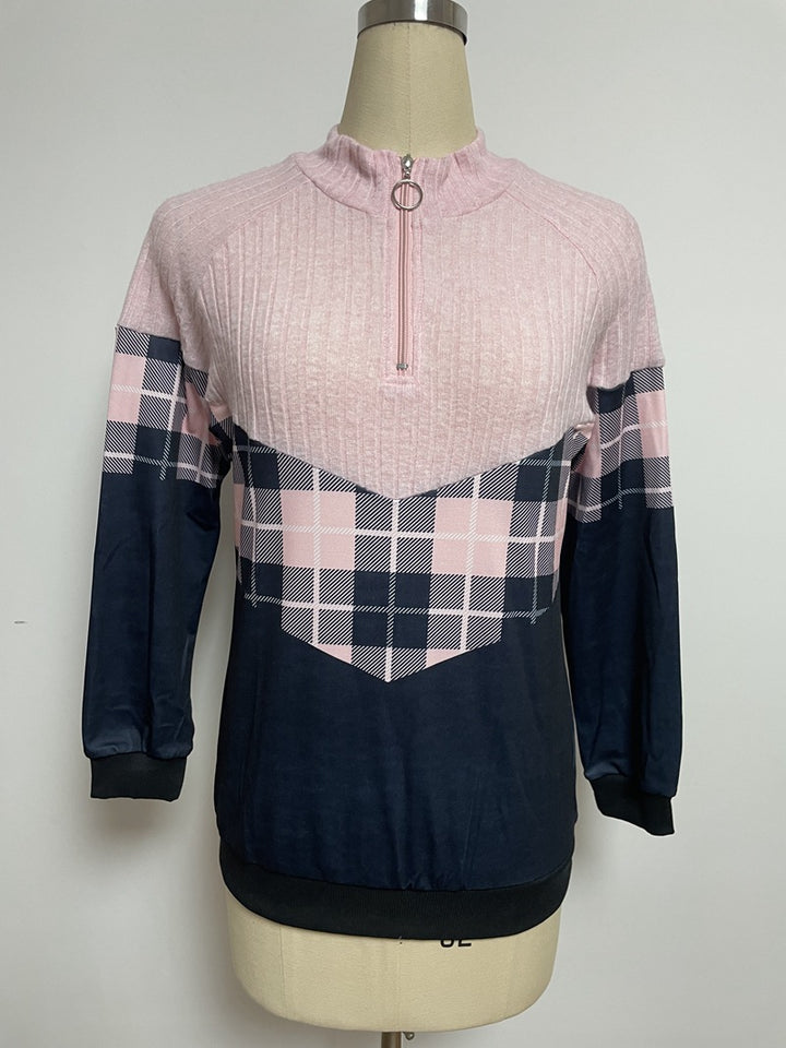Damen nan weichgriffiger Sweatpullover mit Kurzreißverschluss, Stehkragen und Karopaneel Echo Archiv