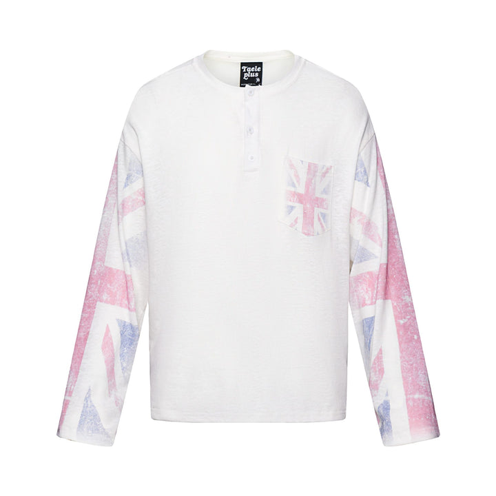 Unisex Langärmeliges Henleyshirt mit Brusttasche und Vintage-Flag-Print Echoarchiv