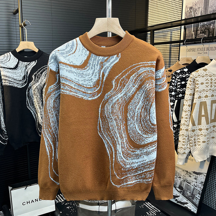 Herren Grobgestrickter Rundhalspullover mit abstraktem Marmor-Jacquard Echoarchiv