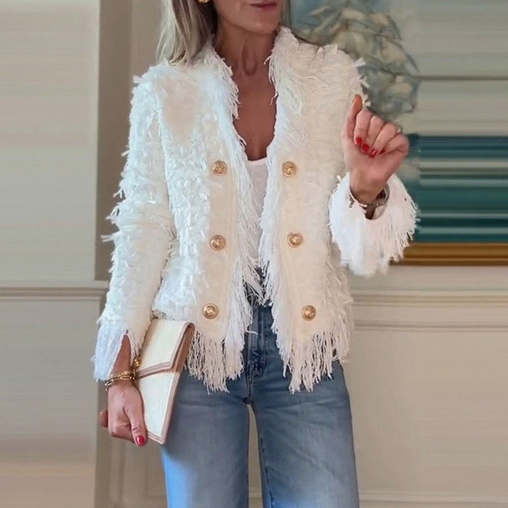 Damen nan fransenbesetzte Kurzjacke mit strukturierter Oberfläche und Zierknopfreihe Echo Archiv